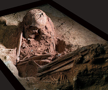 Freigelegte mesolithische Bestattung aus Blockbergung