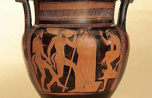 Dionysos und Satyrn pressen Wein: Darstellung auf einem rotfigurigen attischen Kolonettenkrater (Foto: Materima)