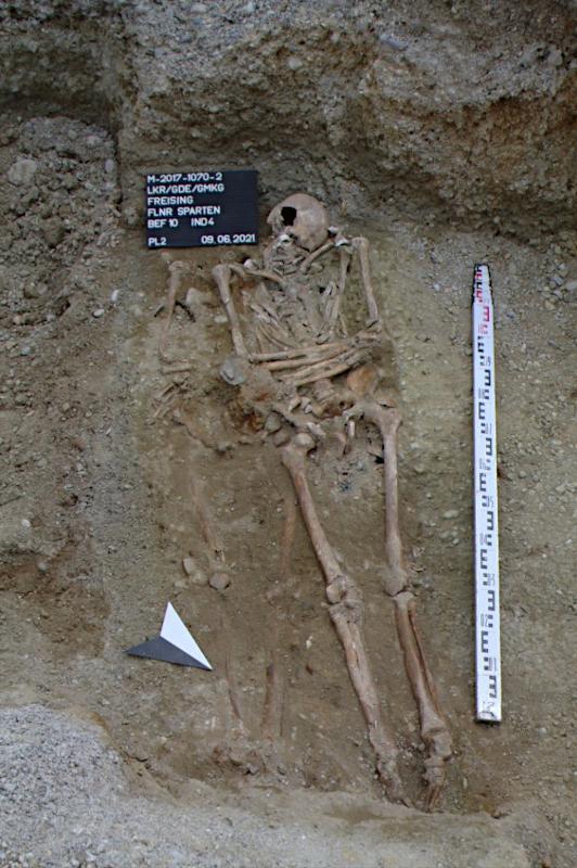 Das Skelett mit der eisernen Prothese im Grab in Freising