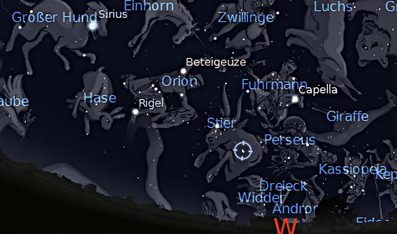 Abb. 7| Der Sternenhimmel am 1. Januar -2500 (2501 v. Chr.) für Bugibba in west-östlicher Richtung mit den Sternbildern Stier, Plejaden und Perseus. Die Plejaden sind ein sehr kleines Bild; das Programm hat ihren hellsten Stern, Alkyone, markiert. Links Abb. 7| Der Sternenhimmel am 1. Januar -2500 (2501 v. Chr.) für Bugibba in west-östlicher Richtung mit den Sternbildern Stier, Plejaden und Perseus. Die Plejaden sind ein sehr kleines Bild; das Programm hat ihren hellsten Stern, Alkyone, markiert. Links
