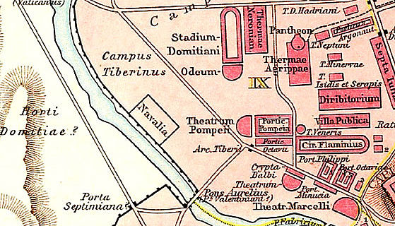 Lage der Hafenanlagen (s. »Navalia«) im antiken Rom. Ausschnitt aus G. Droysens Allgemeiner Historischer Handatlas von 1886