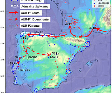 Karte der Iberischen Halbinsel mit Fundorten von Neandertalern und modernen Menschen