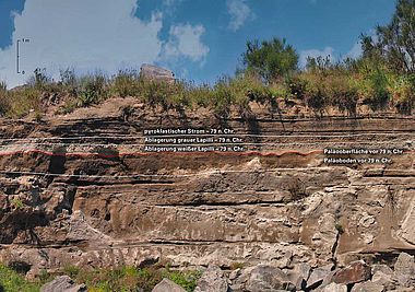 Abb. 5| Boccia al Mauro, Terzigno. Aufschluss eines geologischen Profils in einem aufgelassenen Steinbruch. Die Ablagerung der weißen Lapilli der ersten Phase der Eruption AD 79 ist an der helleren Färbung deutlich erkennbar. Durch eine dünne Ascheschicht getrennt, liegt darüber eine Lage grauer Lapilli. Darüber folgen die mächtigen Ascheablagerungen der pyroklastischen Ströme. Das Paket der Eruptionsschichten setzt sich von der braunen Schicht des römischen Ackerbodens mit Furchen von der landwirtschaftlichen Bearbeitung der Oberfläche deutlich ab. Bei den darunter liegenden Ascheablagerungen handelt es sich um proto- und prähistorischer Eruptionsphasen des Somma-Vesuv. :: Das Profil zeugt vom engen Zusammenspiel zwischen Vulkanen und Menschen seit der Vorgeschichte. Den archäologischen Schichten mit Überresten menschlicher Tätigkeit folgen mächtige Ablagerungen von Asche und Bimssteinen © F. Seiler Abb. 5| Boccia al Mauro, Terzigno. Aufschluss eines geologischen Profils in einem aufgelassenen Steinbruch. Die Ablagerung der weißen Lapilli der ersten Phase der Eruption AD 79 ist an der helleren Färbung deutlich erkennbar. Durch eine dünne Ascheschicht getrennt, liegt darüber eine Lage grauer Lapilli. Darüber folgen die mächtigen Ascheablagerungen der pyroklastischen Ströme. Das Paket der Eruptionsschichten setzt sich von der braunen Schicht des römischen Ackerbodens mit Furchen von der landwirtschaftlichen Bearbeitung der Oberfläche deutlich ab. Bei den darunter liegenden Ascheablagerungen handelt es sich um proto- und prähistorischer Eruptionsphasen des Somma-Vesuv. :: Das Profil zeugt vom engen Zusammenspiel zwischen Vulkanen und Menschen seit der Vorgeschichte. Den archäologischen Schichten mit Überresten menschlicher Tätigkeit folgen mächtige Ablagerungen von Asche und Bimssteinen © F. Seiler