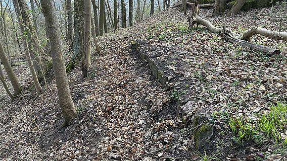 Metilstein. Eine vorher freigelegte Mauer ist jetzt wieder mit Erdreich angedeckt