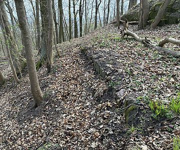 Metilstein. Eine vorher freigelegte Mauer ist jetzt wieder mit Erdreich angedeckt