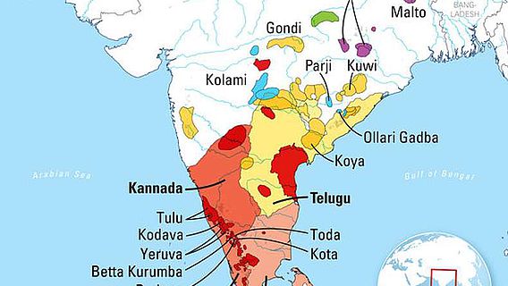 Karte der dravidischen Sprachen in Indien, Pakistan, Afghanistan und Nepal