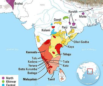 Karte der dravidischen Sprachen in Indien, Pakistan, Afghanistan und Nepal