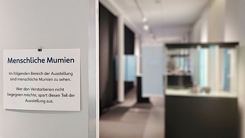 Bereich der Mumienausstellung mit Hinweisschildern auf menschliche Überreste