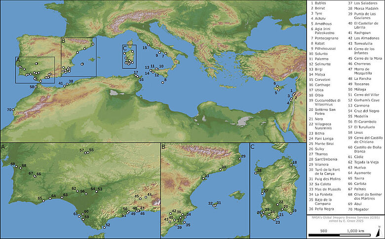 Die Karten zeigt die Fundstellen phönizischer Ölflaschen um das Mittelmeer und den Atlantik