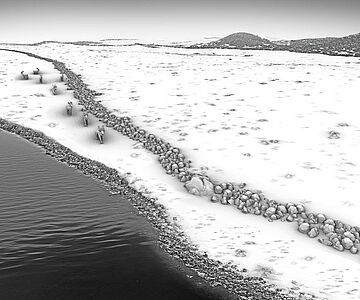 Grafische Rekonstruktion des Steinwalls als Treibjagdstruktur in einer spätglazialen/frühholozänen Landschaft