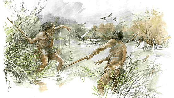 Jagd mit Wurfstock (Zeichnung)