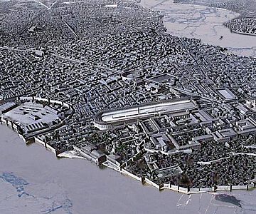 Rekonstruktion des mittelalterlichen Konstantinopel. Das Meer rund um die Stadt war im Winter 763/764 zugefroren