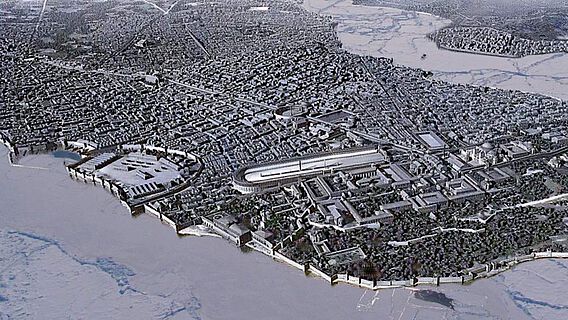 Rekonstruktion des mittelalterlichen Konstantinopel. Das Meer rund um die Stadt war im Winter 763/764 zugefroren