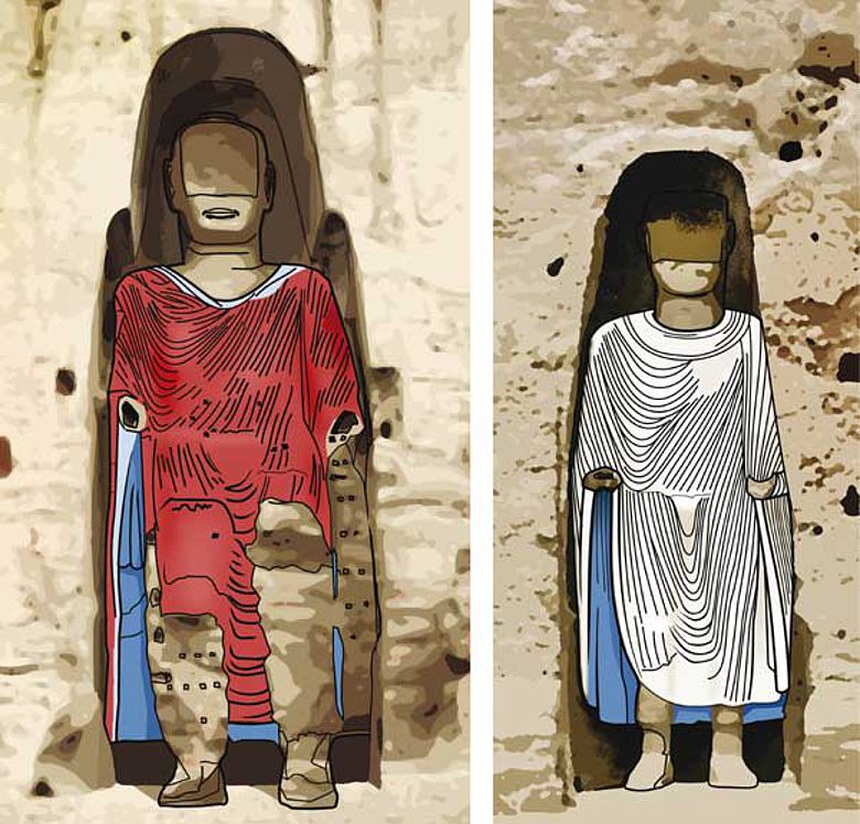 Die Rekonstruktion zeigt die Farbigkeit der Roben der Bamiyan-Buddhas gegen Ende des 10. Jahrhunderts. Wo in späterer Zeit beschädigte Teile nicht rekonstruiert werden können, sind die Schäden sichtbar (Abbildung: Arnold Metzinger)