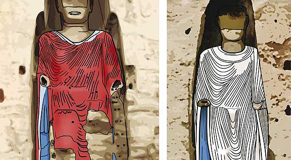 Die Rekonstruktion zeigt die Farbigkeit der Roben der Bamiyan-Buddhas gegen Ende des 10. Jahrhunderts. Wo in späterer Zeit beschädigte Teile nicht rekonstruiert werden können, sind die Schäden sichtbar (Abbildung: Arnold Metzinger)