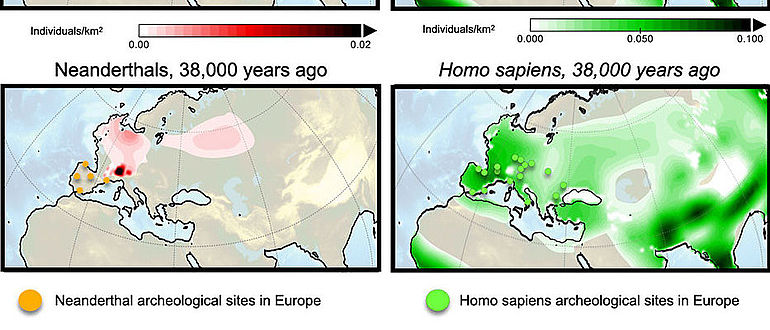 Bevölkerungsdichte von Neandertalern und modernen Menschen (Simulation)