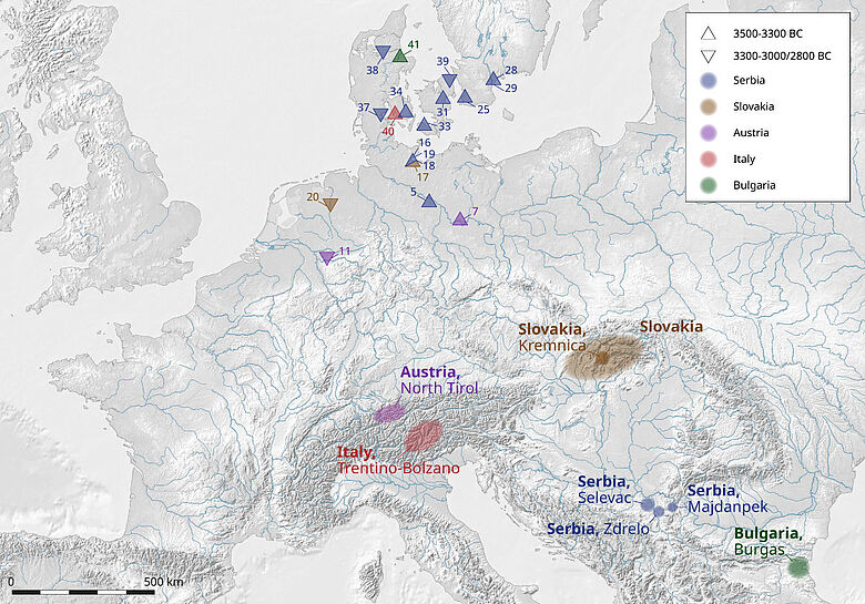 Verbreitungskarte der Kupferfunde und Erzabbaugebiete im 4. Jahrtausend
