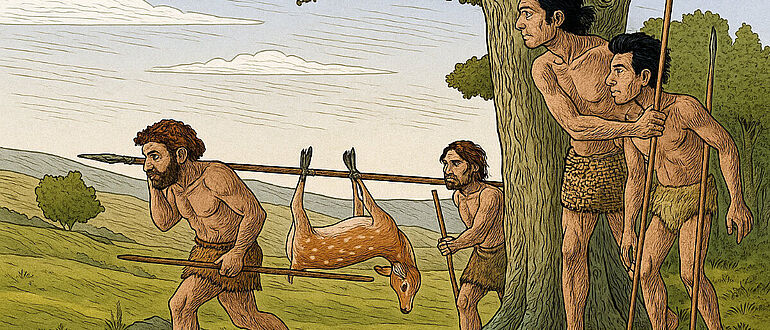 Moderne Menschen treffen auf Neandertaler (Illustration)