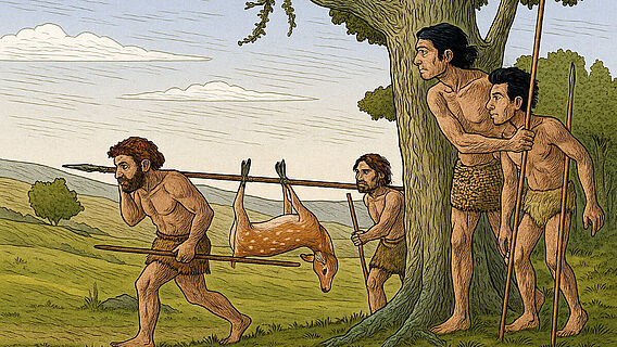 Moderne Menschen treffen auf Neandertaler (Illustration)