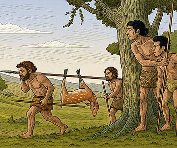 Moderne Menschen treffen auf Neandertaler (Illustration)
