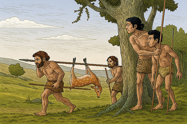 Moderne Menschen treffen auf Neandertaler (Illustration)