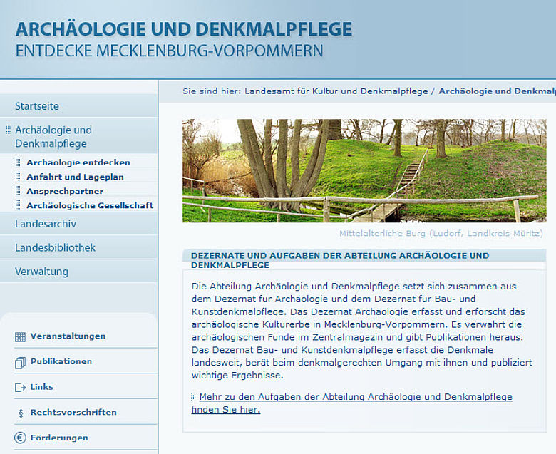 Homepage des Landesamts für Kultur und Denkmalpflege Mecklenburg-Vorpommern (Screenshot)