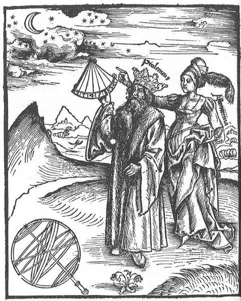 Ptolemaeus beobachtet mit einem Sextanten den Himmel (aus: Gregor Reisch, Margarita philosophica, Basel 1517)