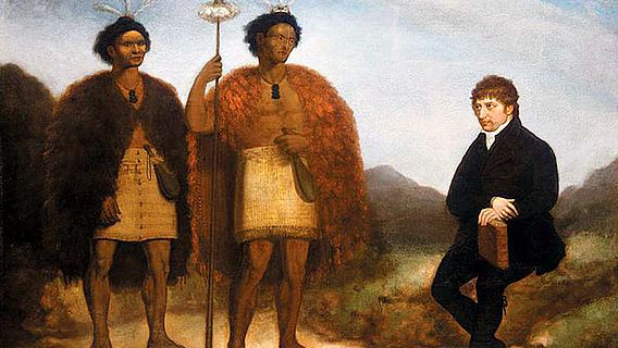 Die Häuptlinge Waikato und Hongi Hika mit dem Missionar Thomas Kendall