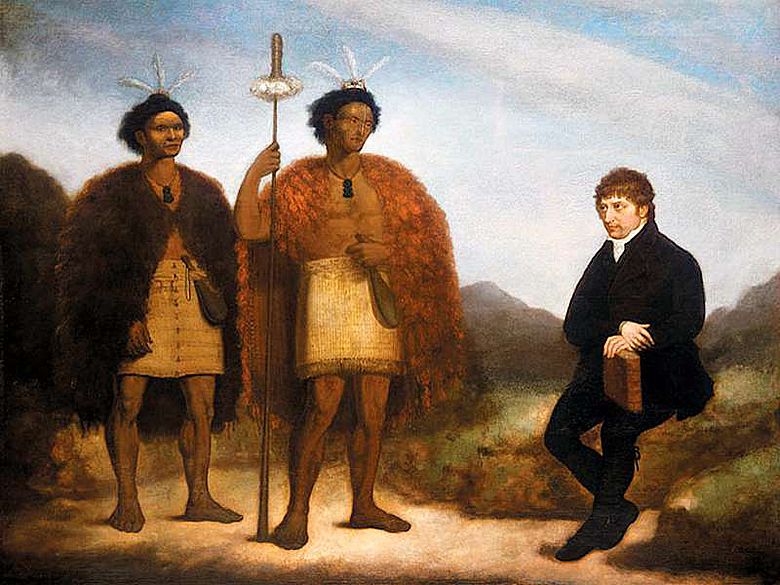 Die Häuptlinge Waikato und Hongi Hika mit dem Missionar Thomas Kendall