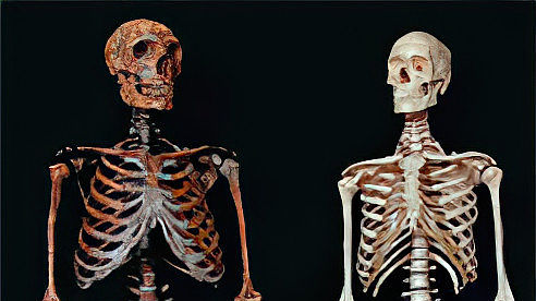 Skelett eines Neandertalers und eines modernen Menschen